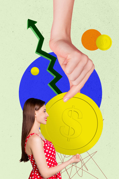 趋势艺术横幅草图 3D 照片拼贴，手握硬币，箭头向上，年轻女士微笑，金融收入，富裕，金钱，银行成功图片下载