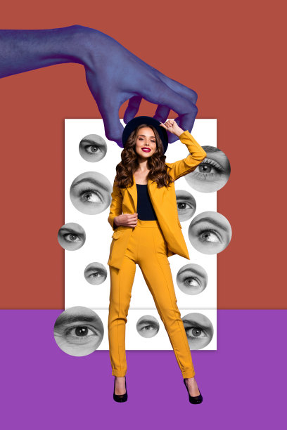 艺术图像，垂直照片拼贴，快乐女孩站立，眼球凝视，控制双手，操控木偶，眼科检查。图片下载