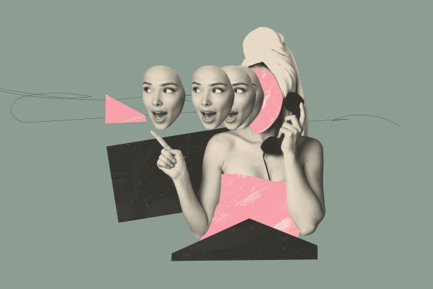3D照片拼贴模板趋势艺术作品，年轻女性的抽象肖像，多面孔，沙龙，毛毯，交谈，座机，手指指向图片下载