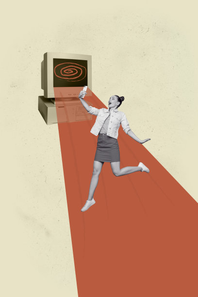 艺术横幅，垂直照片拼贴，快乐的男孩女孩站在催眠涂鸦前，假新闻宣传，电脑显示器，网络欺凌，垃圾邮件图片下载