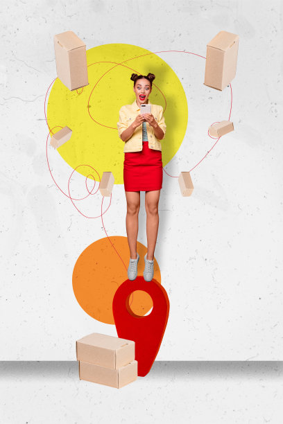 年轻女士站在巨大的地标前，手持智能手机，展示应用购买后的卖家送货给客户的创意3D照片拼贴趋势模板图片下载