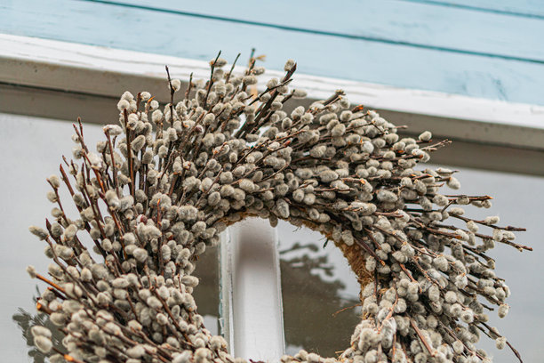 一张特写照片，展示了一个以白色和浅粉色花朵环绕的花环，中心是一个木质物体，放置在一座简单的浅色建筑前，拍摄角度从下方，带有柔和的阴影。图片下载