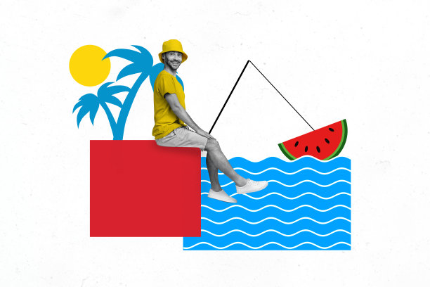 时尚海报艺术照片拼贴，快乐的男人手持钓鱼竿，捕捉西瓜果片，海边度假周末放松，棕榈树。图片下载