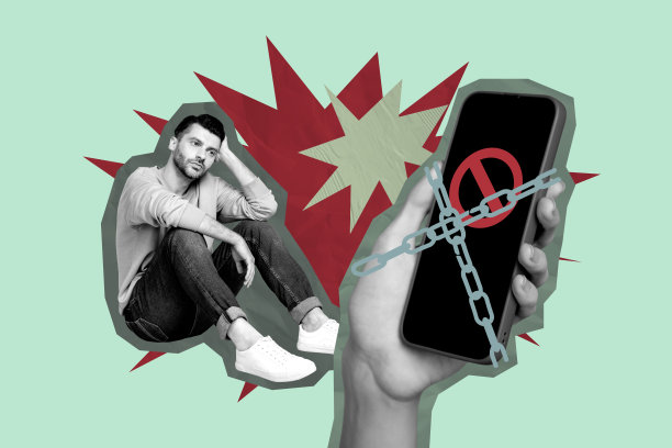 年轻男子坐着，手握智能手机，面露沮丧，周围是金属链交错的3D照片拼贴艺术作品。图片下载