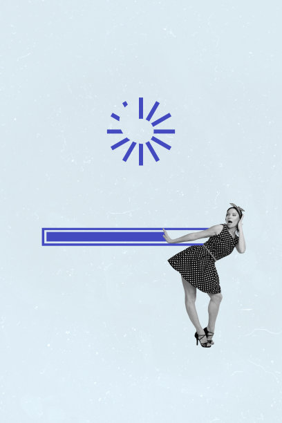 3D照片拼贴模板趋势艺术作品，加载条标志，在线数字技术，穿着复古裙子的年轻女士，震惊的表情图片下载