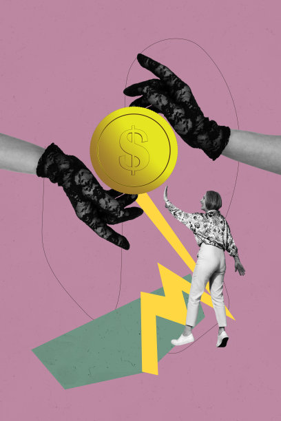 快乐的百万富翁商人和商女人站在美元硬币旁，展示资本成就的垂直海报艺术照片拼贴。图片下载