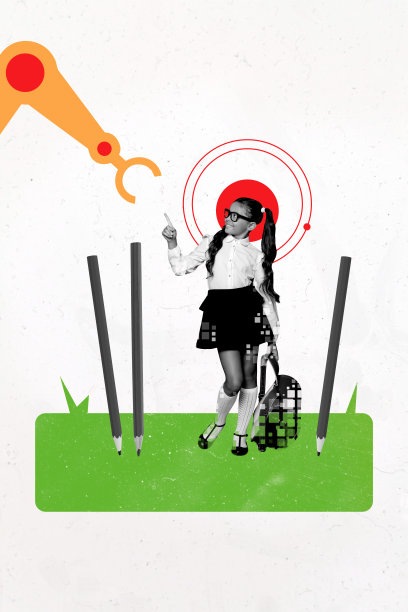 趋势艺术作品模板设计拼贴草图，户外AI手绘，年轻的学龄女孩微笑，手指指向学术课堂大学。图片下载