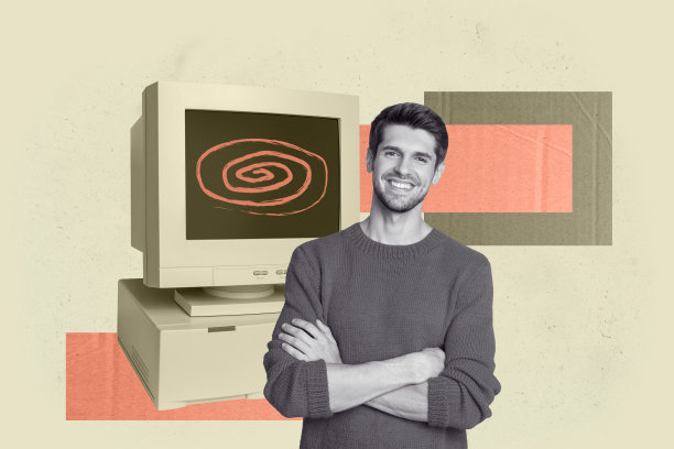 艺术横幅，完整照片拼贴，快乐的男孩女孩站在催眠涂鸦假新闻宣传电脑显示器前，网络欺凌垃圾邮件图片下载