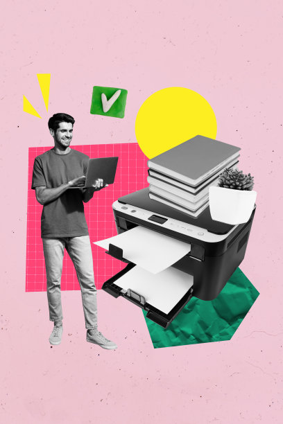 快乐的经理商人手持笔记本电脑，站在打印机工具和办公设备旁，展示勾选标志的竖版海报艺术照片拼贴。图片下载