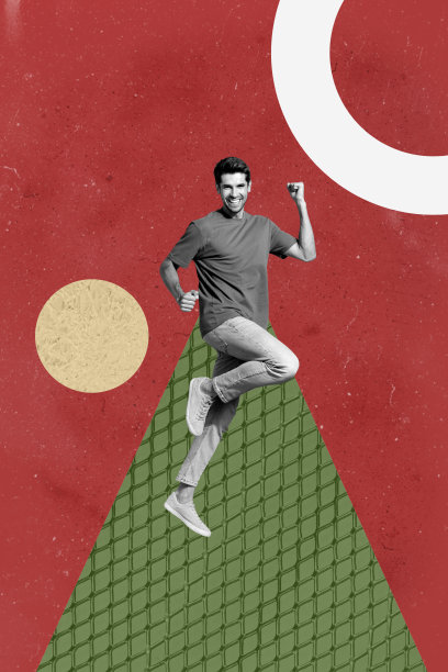 快乐的女商人与男商人的图像海报艺术照片拼贴，站在几何图形前，展示职业发展进步统计数据。图片下载