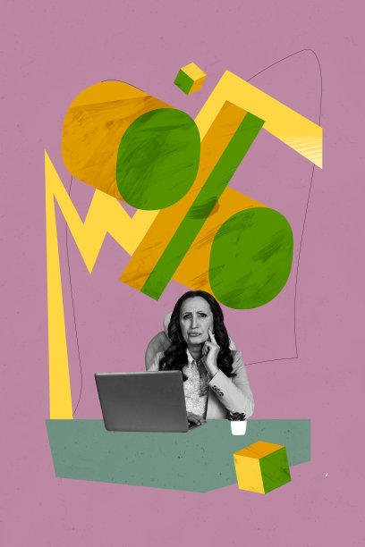 快乐女商人在工作场所坐着，查看百分比图表，统计经济发展进展的竖版照片拼贴。图片下载