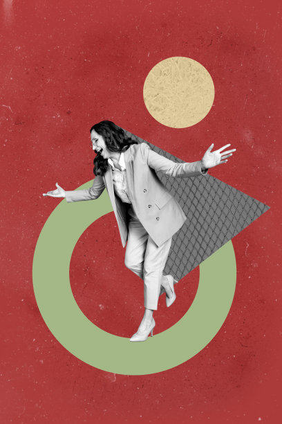 快乐的女商人与男商人的垂直海报艺术照片拼贴，展示几何图形、职业发展和进步统计数据。图片下载