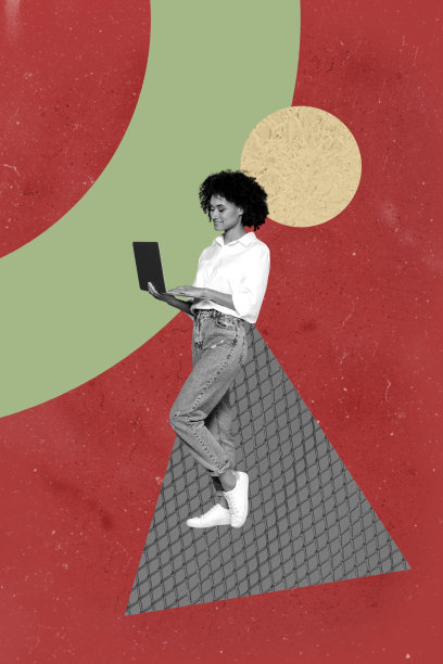 垂直海报艺术照片拼贴，快乐的女商人和男商人站在几何图形前，展示职业发展进步统计数据图片下载