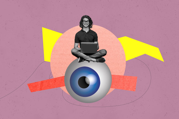 全3D杂志图片草图拼贴，快乐的女孩和男孩坐在大卡通眼球上，注视着监督控制间谍活动。图片下载