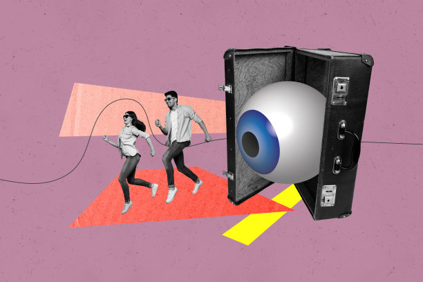 全3D杂志图片草图拼贴，快乐的女孩和男孩站在一起，眼球凝视，旅行箱，神秘的共济会，视力图片下载