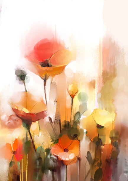 抽象的彩色水彩画，描绘春天的花朵。手绘的笔触在纸质纹理上。插图艺术作品，水彩花卉画作适合用作背景。现代艺术花卉画。图片下载