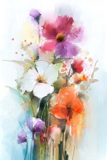 春天花卉的抽象彩色水彩画。手绘笔触在纸质纹理上。插图艺术作品，水彩花卉画作适合背景使用。现代艺术花卉画。图片下载