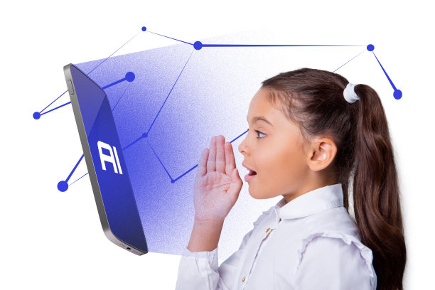 创意杂志风格的照片拼贴，展示快乐的女学生站在手机屏幕前，使用人工智能应用程序进行网络数字课程教育。图片下载