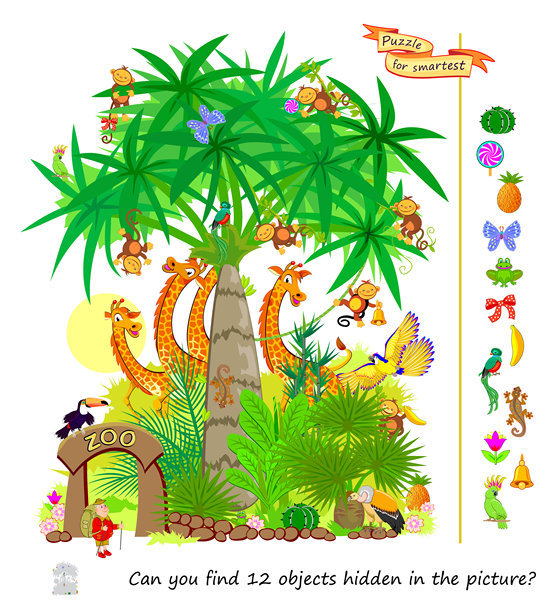 你能在图片中找到12个隐藏的物体吗？逻辑谜题，适合聪明人。寻找与发现的游戏。热带动物园的插图。儿童脑筋急转弯书的页面。平面矢量图。智商测试。图片下载