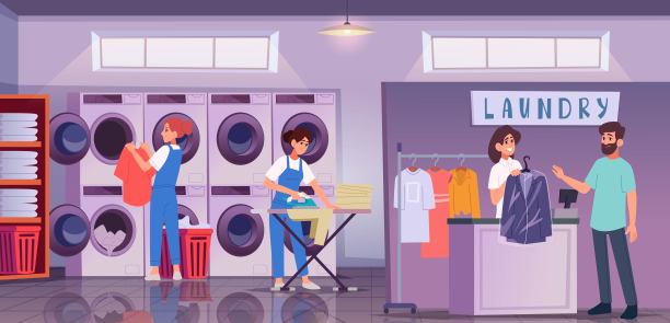 洗衣房内部。配有干洗服务洗衣机的室内房间精确矢量卡通背景模板图片下载