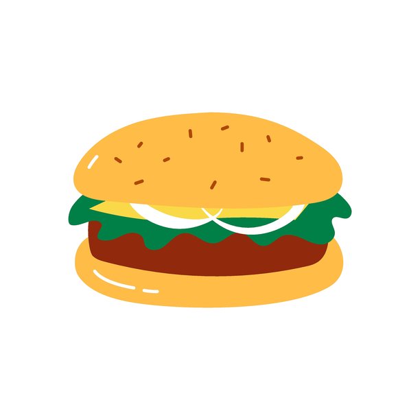孤立的奶酪汉堡矢量插图，快餐元素。经典汉堡配有奶酪、洋葱、生菜和牛肉饼。简单的汉堡对象，扁平化和涂鸦风格。图片下载