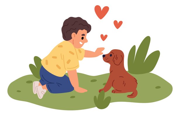 微笑的男孩在大自然中和心爱的狗狗玩耍。快乐的孩子照顾狗狗。小宠物主人。与家养动物的友谊。狗狗领养。孩子与顽皮的犬类哺乳动物。矢量概念。图片下载
