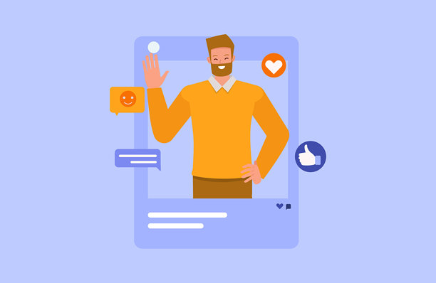 男性博主在社交媒体账户上发布照片。角色矢量设计。扁平插图风格。图片下载