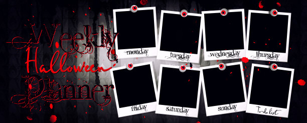 万圣节周计划表。黑暗哥特背景上的空白宝丽来照片，带有血滴。时尚的假日待办事项模板。图片下载