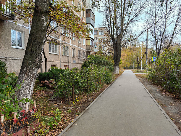 五层苏联建筑风格的公寓楼，背景是树木、风景如画的前花园和空荡荡的人行道。秋天。俄罗斯。下诺夫哥罗德。高格利亚街，2024年10月。照片。图片下载