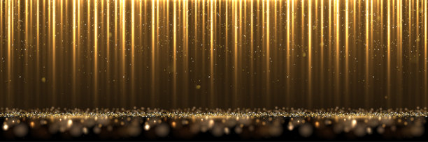 金色丝绸面料奢华背景。金色垂直悬挂的缎面布料质感窗帘，铺在闪亮的五彩纸屑地面上。光滑闪亮的悬挂材料窗帘。逼真的现代矢量横幅。图片下载