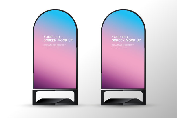一组两种特殊形状的科技LED屏幕模型，背景为白色。一个半圆形LED屏幕模型用于广告空间的矢量图。图片下载