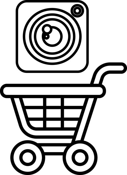 一张黑白图片，展示了一个购物车上放着一台相机。图片下载