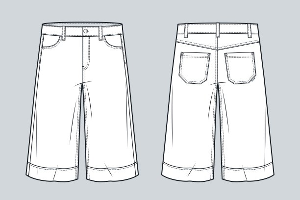 百慕大牛仔短裤技术平面图。膝盖长度短裤时尚平面技术绘图模板，带口袋，正面和背面视图，白色，男女通用CAD模型。图片下载