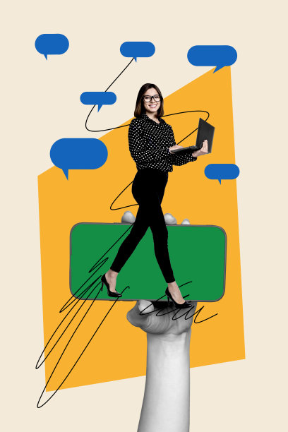 年轻女性手持笔记本电脑，走在堆叠的平台上，手中拿着智能手机，展示短信消息的3D照片拼贴艺术作品。图片下载