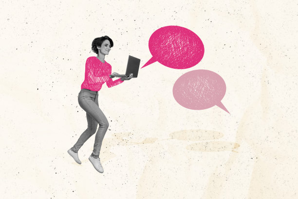 年轻女性办公室工作人员手持笔记本电脑，聊天时思维云朵中的对话框的趋势艺术合成素描图像照片拼贴图片下载
