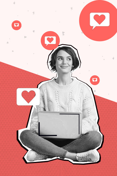 趋势艺术作品合成素描照片拼贴，展示了一个年轻女性坐着，手持笔记本电脑，背景是心形横幅和社交媒体反应的剪影。图片下载