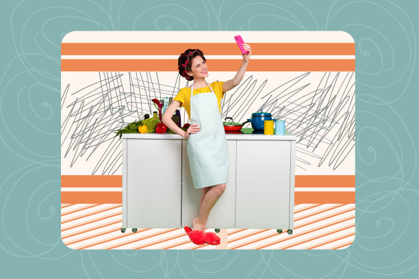 创意图片拼贴，年轻女管家在厨房公寓拍照自拍，记录日常家务工作。图片下载