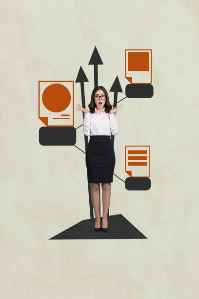 趋势艺术作品草图图像合成3D照片拼贴，年轻自信的女性办公室经理震惊地站着，手中拿着箭头文件项目文档。图片下载