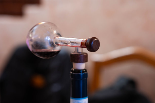 一个小玻璃酒壶放在一瓶酒上。酒壶里装有一些红酒，封闭着软木塞。这是一张酒壶和红酒的特写照片。图片下载