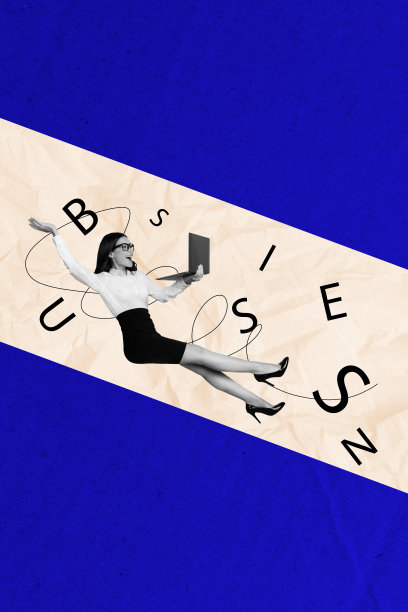 快乐女孩在涂鸦背景下使用MacBook设备搜索信息的垂直照片拼贴，展现自由职业者的形象。图片下载