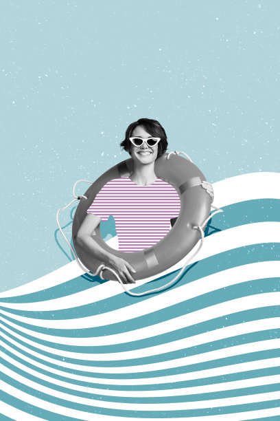 快乐女孩手持救生圈的垂直照片拼贴，夏季假期旅行，条纹海洋氛围，背景为涂鸦风格。图片下载