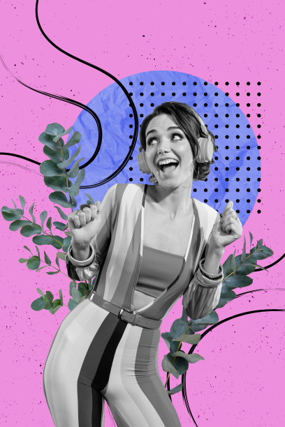 快乐女孩在夏季派对上跳舞的竖向照片拼贴，耳机听音乐，放松心情，背景为涂鸦风格。图片下载