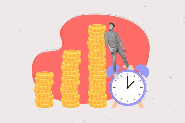 震惊的男子与闹钟、硬币堆、收入、商业、利润、成功和银行的合成照片拼贴，背景为涂鸦风格。图片下载