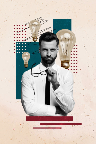 年轻男办公室经理的工作空间复合趋势艺术作品草图照片拼贴，聪明的眼镜、创意灯泡和灵感。图片下载