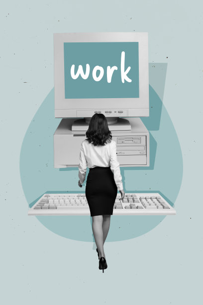 复古老式电脑显示器的3D照片拼贴艺术作品，办公室经理女士站在后面。图片下载