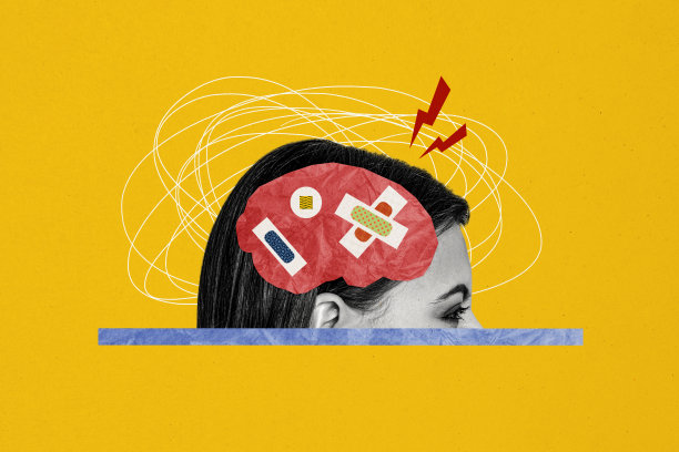 年轻女孩的复合照片拼贴，半个头部生病，脑部受伤，贴着胶带，表现出痴呆综合症，孤立在涂鸦背景上。图片下载