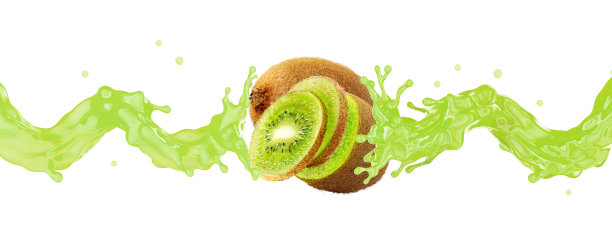 猕猴桃果片与鲜艳的绿色果汁飞溅，背景为白色图片下载