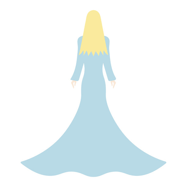 金发长发的年轻女士穿着蓝色晚礼服。背影。矢量插图。扁平风格。图片下载