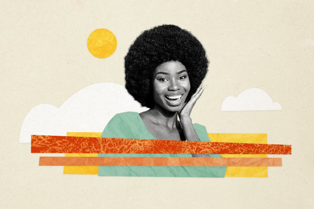 快乐的美国女孩的合成照片拼贴，展示了丝滑光滑的皮肤美容疗程和卷发造型，背景为涂鸦风格。图片下载