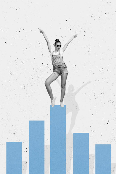 快乐女孩攀登图表，发展目标成就概念，领导者最佳赢家，背景为涂鸦风格的垂直照片拼贴。图片下载